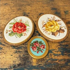 Vintage Floral Needlepoint Pictures Trio - Red, Yellow, Turquoise